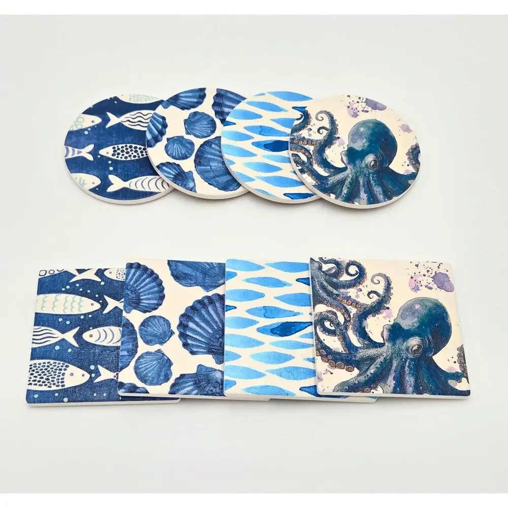 Blue Coastal Watercolor Ceramic Coaster Set – Ocean Art Tiles (Set of 4)